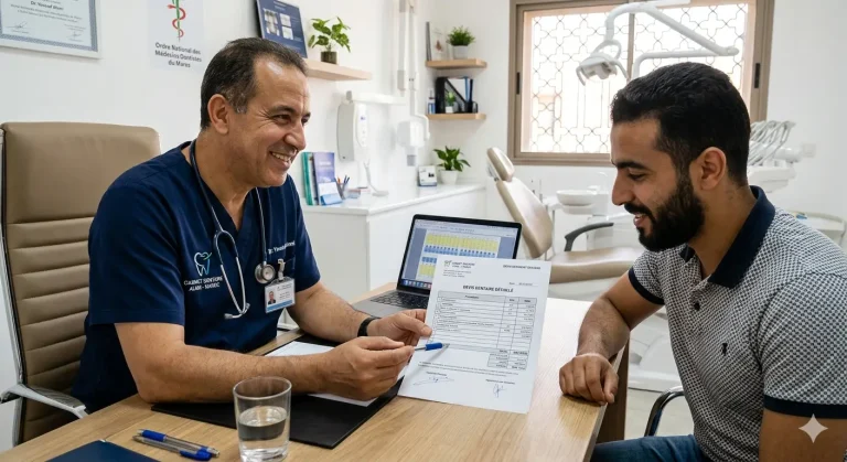 Dentiste qualifié Maroc présentant un devis dentaire détaillé à un patient
