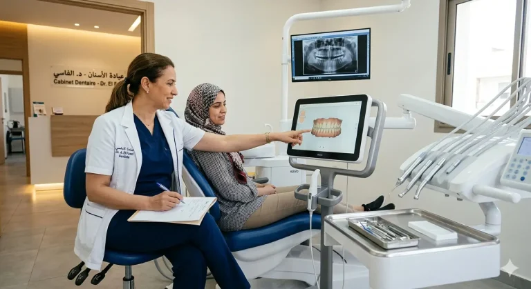 Dentiste qualifié au Maroc réalisant une consultation avant un traitement dentaire